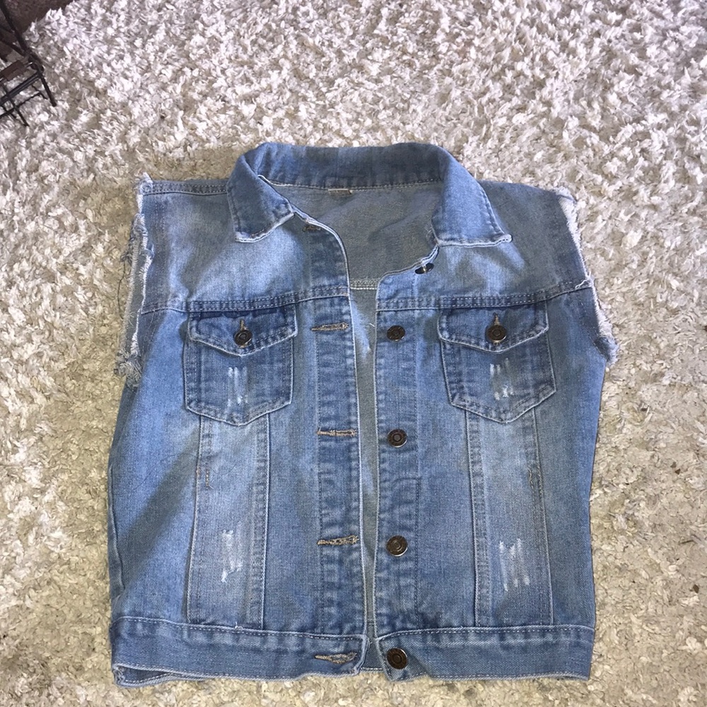 Distressed Jean Denim Cropped Button Up Vest